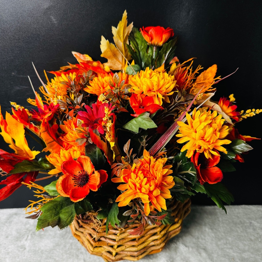 Fall Floral Arrangement Woven Twig Wall Basket Autumn Flowers Leaves Cottagecore - Picture 6 of 8